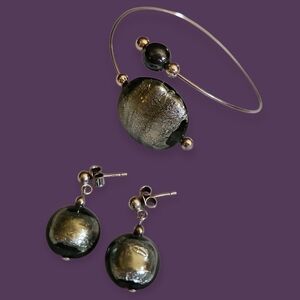 MURANO Sterling Silver Black and Silver Fused Glass Bypass Bracelet Earrings Set